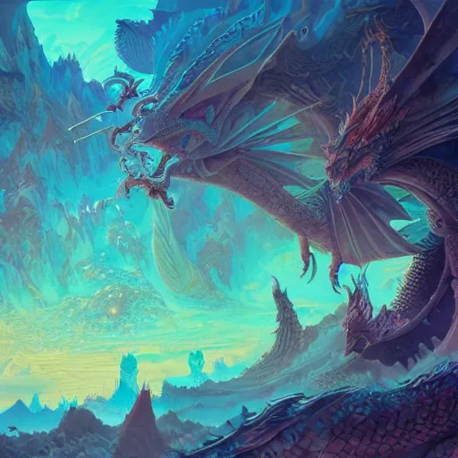 Image similar to psychedelic concept art painting of a dragon landscape made of thousands of dragons, realistic, detailed, cel shaded, in the style of makoto shinkai and moebius and peter mohrbacher and anton fadeev