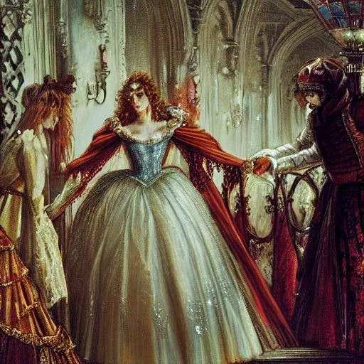 Image similar to realistic portrait charming beautiful painting from Cinderella film scene, when Cinderella become Bloody Mary dance with prince . Horror, created by Gustave Dore.