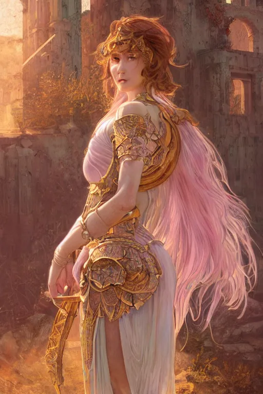 Image similar to portrait knights of Zodiac girl, metalic pink and pastel purple reflected armor, in ruined Agora of Athens sunrise, ssci-fi, fantasy, intricate, very very beautiful, elegant, golden light, highly detailed, digital painting, artstation, concept art, smooth, sharp focus, illustration, art by tian zi and WLOP and alphonse mucha