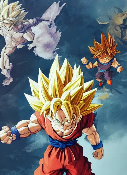 Image similar to semi reallistic gouache gesture painting, by yoshitaka amano, by ruan jia, by Conrad roset, by dofus online artists, detailed anime 3d render of goku KID super Saiyan, young goku blond,crono, Dragon Quest, crono, goku, portrait, cgsociety, artstation, rococo mechanical, Digital reality, sf5 ink style, dieselpunk atmosphere, gesture drawn