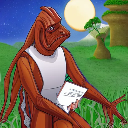 Image similar to jar jar binks working on his dairy farm, digital art