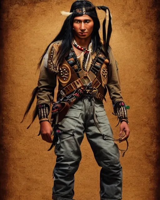 Prompt: character portrait of a young thin native American Indian man, wearing cargo buckskin jacket buckskin tactical toolbelt pockets bandolier full of trinket and baubles, steampunk arcane shaman, deadlands, weird west
