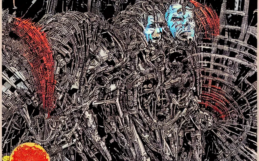 Image similar to techno - savage machine cult, perfect future, awarding winning digital art by philippe druillet