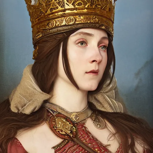 Prompt: a highly detailed portrait of a medieval icelandic princess, beautiful detail and color, art by john collier and albert aublet and krenz cushart and artem demura and alphonse mucha, volumetric lighting, octane render, 4 k resolution, matte, sharp focus, illustration, art by jacque - louis david, baroque style