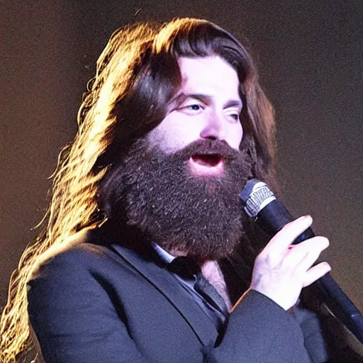 Prompt: bearded long - haired ross cheairs singing on stage