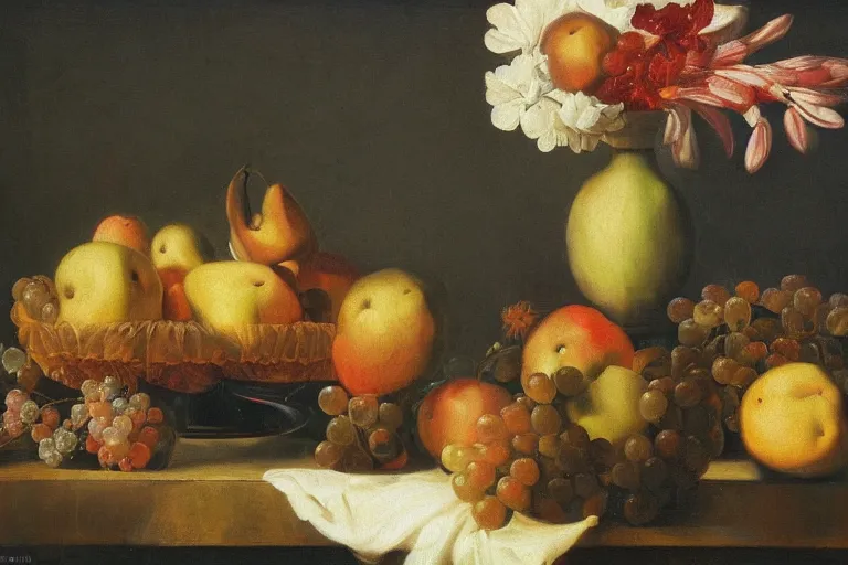 Prompt: zero gravity still life with floating flowers and fruit in the style of the dutch masters, dark and moody