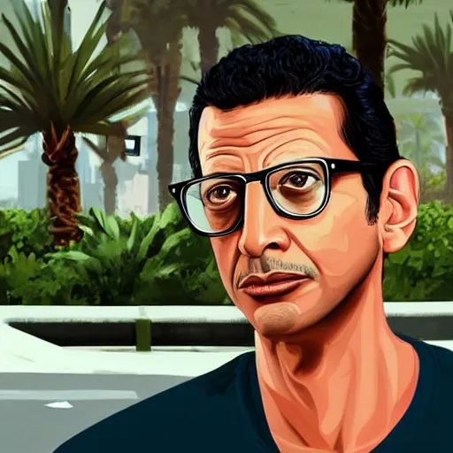 Image similar to Jeff Goldblum in GTA v. Los Santos in the background, palm trees. In the art style of Stephen Bliss.