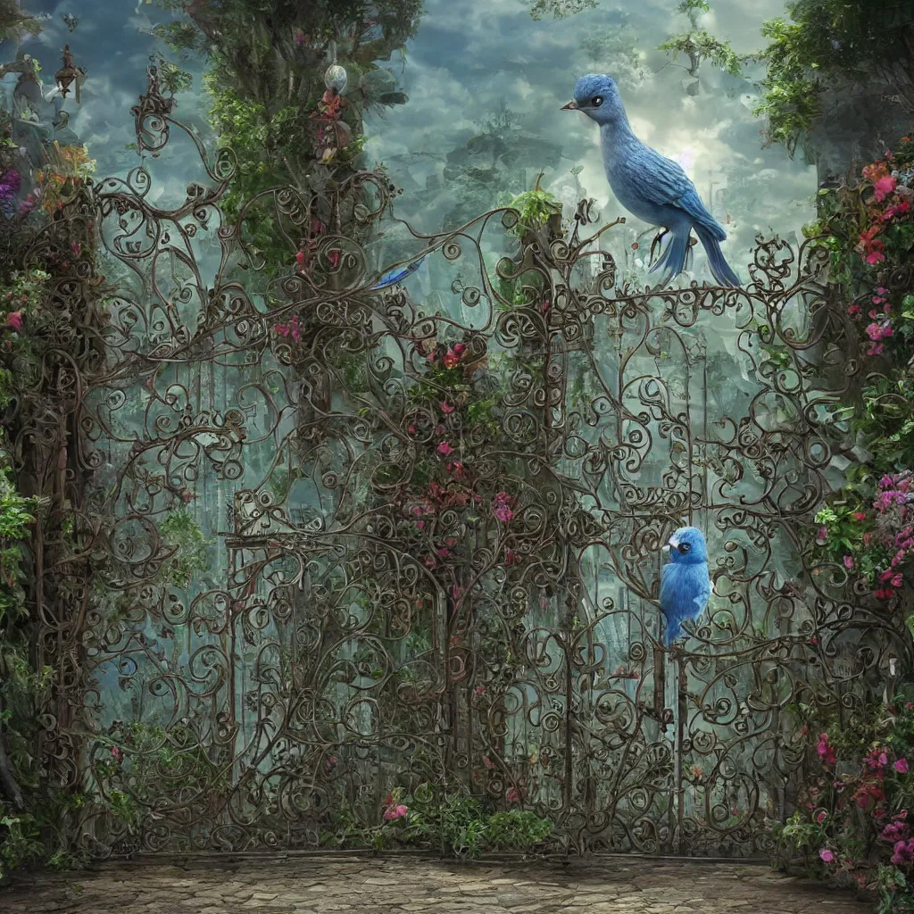 Image similar to the twitter bird standing aggressively in front of a gate to a whimsical garden and nobody is allowed inside the gate, wide view, concept art, intricate details, highly detailed, award winning, dramatic lighting, intricate details, cg, artstation