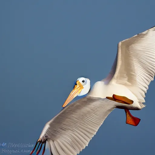 Image similar to award - winning photo of a white pelican in flight as seen from below. in the background we see the ocean and a pinkish hue sunset