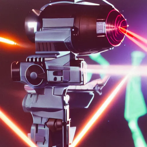 Image similar to a close up instructional well lit photograph of a sci for spaceship battle command showing off various laser blasters and sound cannons to an alien Kodachrome