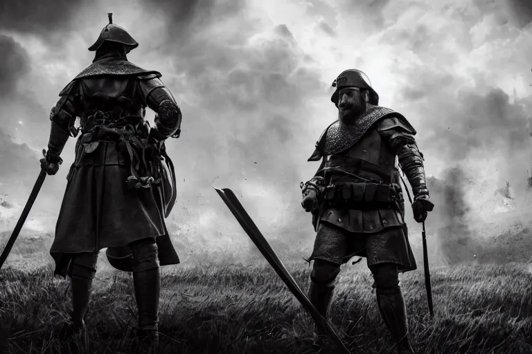 Image similar to still photo of medieval age man looking at the camera in a battlefield, black and white color aesthetic, highly detailed, photorealistic portrait, bright studio setting, studio lighting, crisp quality and light reflections, unreal engine 5 quality render