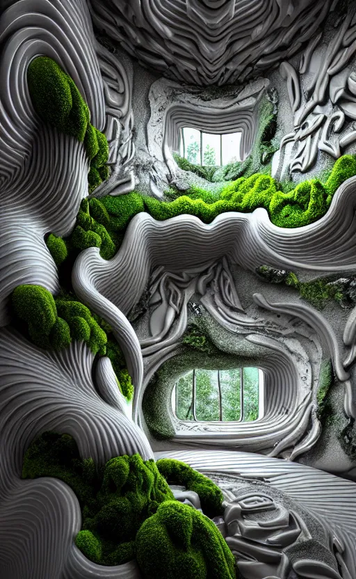 Image similar to highly detailed ultra sharp 3 d render villa interior cinematic composition of a smooth ceramic porcelain biomorphic magnolia stone nebula fluid fractal sci - fi surreal architecture landscape, granite, metallic, magnesium, marble, moss and lichen, vincent callebaut composition, mamou - mani, archviz, beautiful lighting, 8 k, unreal engine, hdr,