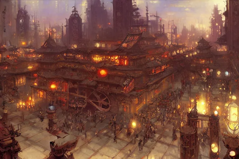 Image similar to wuxia, steampunk city, painting by gaston bussiere, craig mullins, j. c. leyendecker