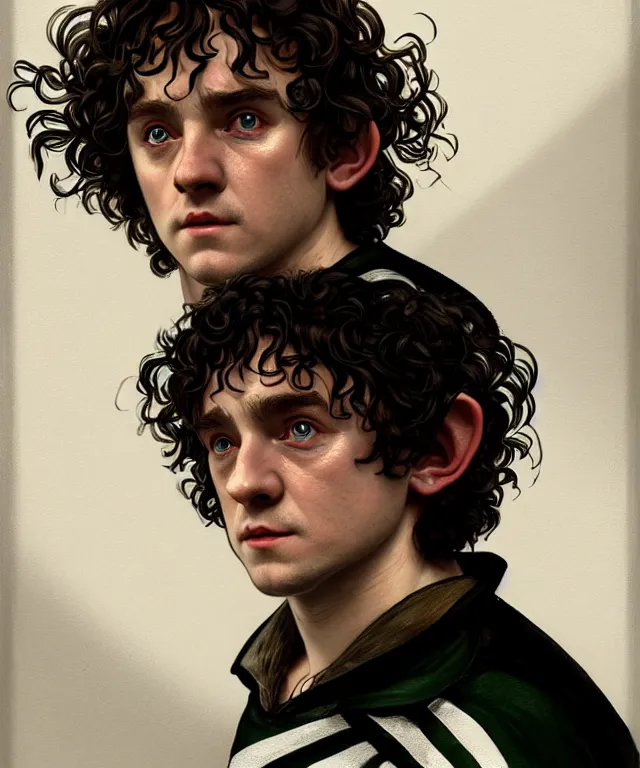 Prompt: a detailed fifty mm portrait of meriadoc brandybuck as a hobbit in a black adidas track suit with white stripes, headshot, highly detailed, digital painting, artstation, concept art, sharp focus, cinematic lighting, illustration, art by met mangindaan, artgerm and greg rutkowski, alphonse mucha, cgsociety - no cameron