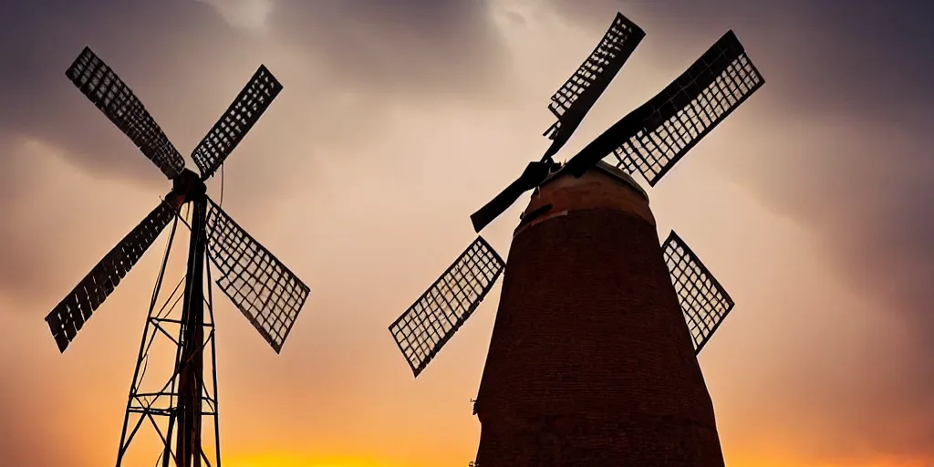 Image similar to photo of a stormy west texas sunset, perfect rustic windmill, film photo, lightning, golden hour, high quality, beautiful!!!