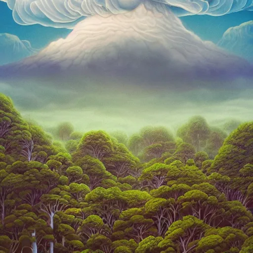 Image similar to epic view of a mountain range floating in the sky on a cloud, surreal landscape, Joe Fenton, broccoli trees, spinach forest, dusky, foggy lighting, realistic