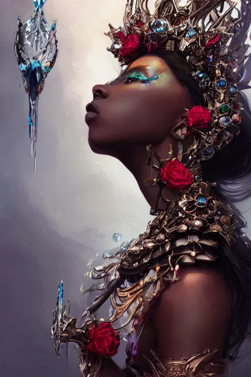 Image similar to beautiful black model wearing crystal crown full of jewels and blood, warhammer, cyberpunk, 3 d render, hyper realistic detailed portrait, holding magic flowers, scifi, fantasy, hyper detailed, octane render, concept art, peter mohrbacher, artgerm, ruan jia, wlop