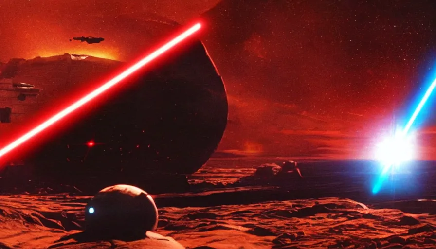 Image similar to iconic cinematic screenshot of sith planet, thriller scene from the star wars sci fi film directed by stanley kubrick, glowing lasers, 4 k, uhd film still, anamorphic lenses 2 4 mm, lens flare, award - winning