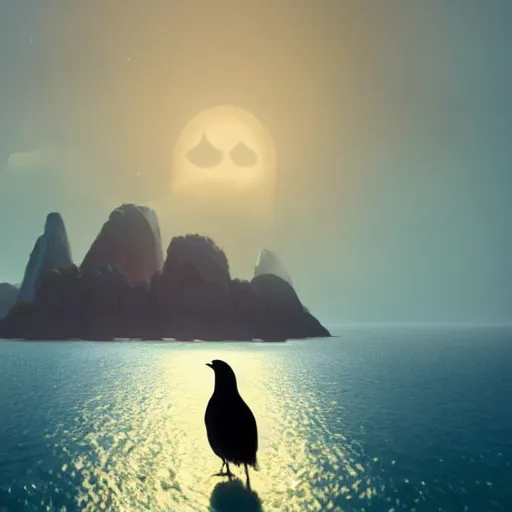 Image similar to a wholesome animation key shot of a crow on a boat in the night, island in the background, medium shot, studio ghibli, pixar and disney animation, sharp, rendered in unreal engine 5, anime key art by greg rutkowski, bloom, dramatic lighting