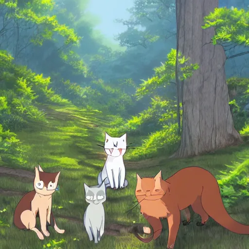 Prompt: multiple cats hiking the Appalachian trail, anime scenery by Makoto Shinkai and ghibli, wholesome digital art