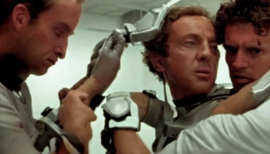 Prompt: Screenshot from a Ridley Scott film, it shows an android in a weapons lab strangling the scientist who created him.