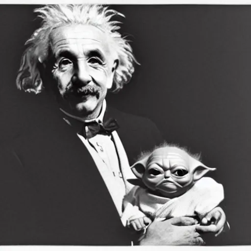 Image similar to b&w photo of Einstein holding baby Yoda on his arm