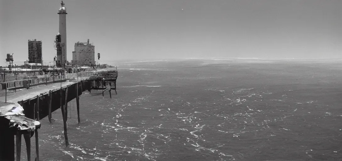 Image similar to apocaliptic Portrait of the city of Mar del Plata with a offshore oil dripping , by stephen Shore and Arthur Adams , epic composition 35mm, 8k