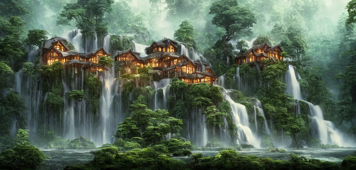 Image similar to beautiful big house in the forest, a big waterfall flows down from the mountain, octane render, fabulous, hyper detailed, random cinematic view, no noise, global illumination, warm lighting, volumetric, godrays, vivid, beautiful, by jordan grimmer