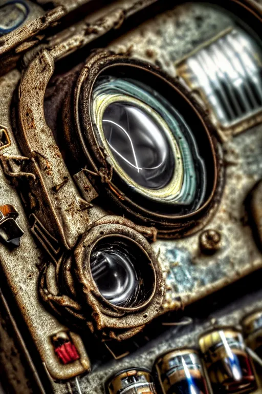 Prompt: A photo of a very old opened camera with film, vacuum tubes, capacitors and coils inside by Richard Kuiper and Steve McCurry, grungy, weathered Ultra detailed, hyper realistic, 4k