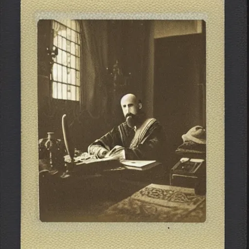 Image similar to Ivan the Terrible in his palace in Moscow and working on a MacBook Pro, high detail, Polaroid , old photo width 768