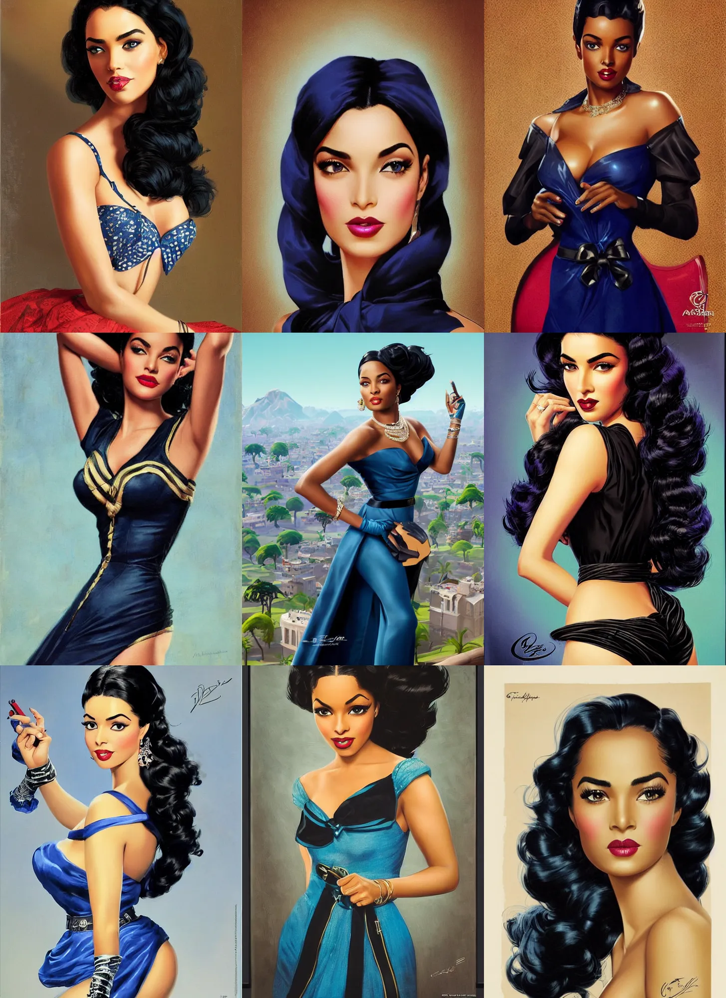 Prompt: african ameera al taweel, blue eyes, wavy black hair, seductive, beautiful by gil elvgren, in the skin of fortnite