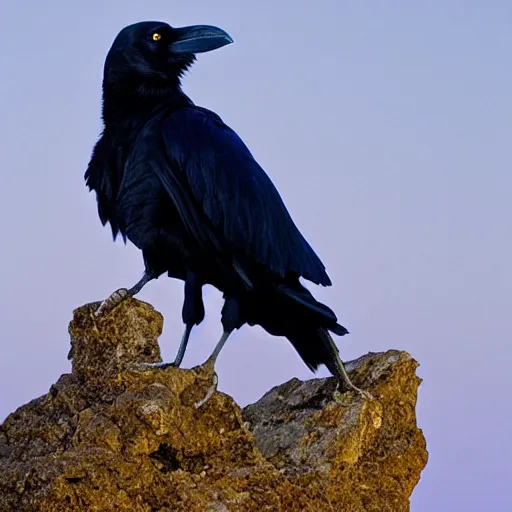 Prompt: raven sitting on skull, photography by frans lanting, blue hour