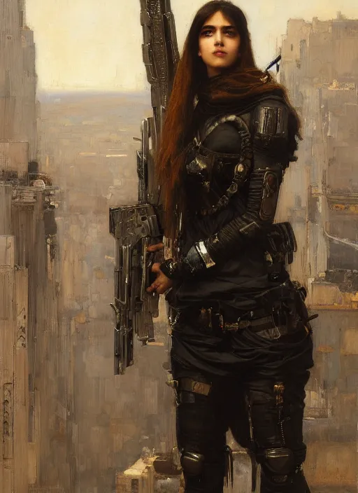 Image similar to beautiful cyberpunk mercenary in tactical gear. Iranian orientalist portrait by john william waterhouse and Edwin Longsden Long and Theodore Ralli and Nasreddine Dinet, oil on canvas. Cinematic, hyper realism, dramatic lighting, high detail 4k