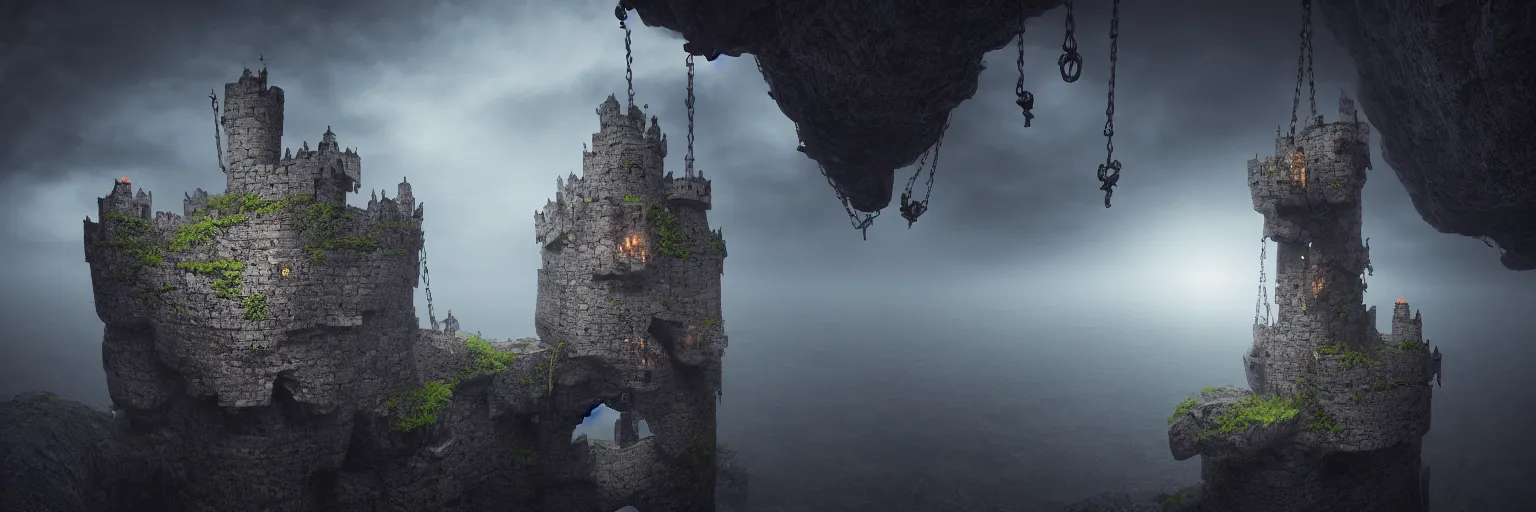 Prompt: floating castle hanging by chains in the air, inside a gorge, below only cloud dark void, 8k resolution, octane,