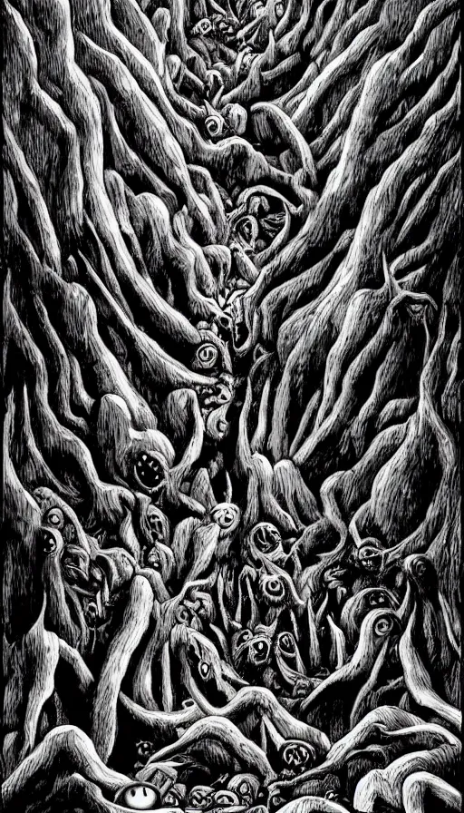 Prompt: a storm vortex made of many demonic eyes and teeth over a forest, by fortiche studio