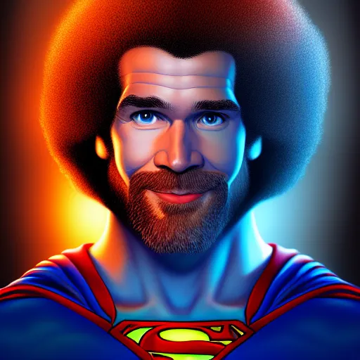 Prompt: award winning commission portrait of bob ross as superman,digital art,hyperdetailed,detailed face,ross tran,character design by charles bowater,deviantart,artstation,photorealistic,4k