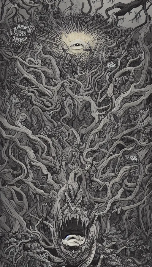 Image similar to a storm vortex made of many demonic eyes and teeth over a forest, by james jean