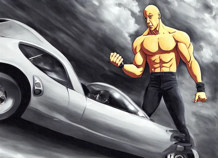 Image similar to landscape, long shot of ( vin diesel ) as saitama!!! throwing!!!!! a car, hyperrealism, trending on artstation