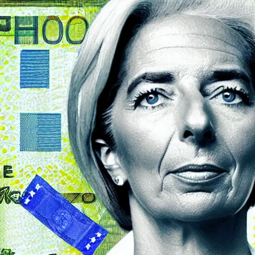 Prompt: Christine Lagarde using euro bills as wallpaper