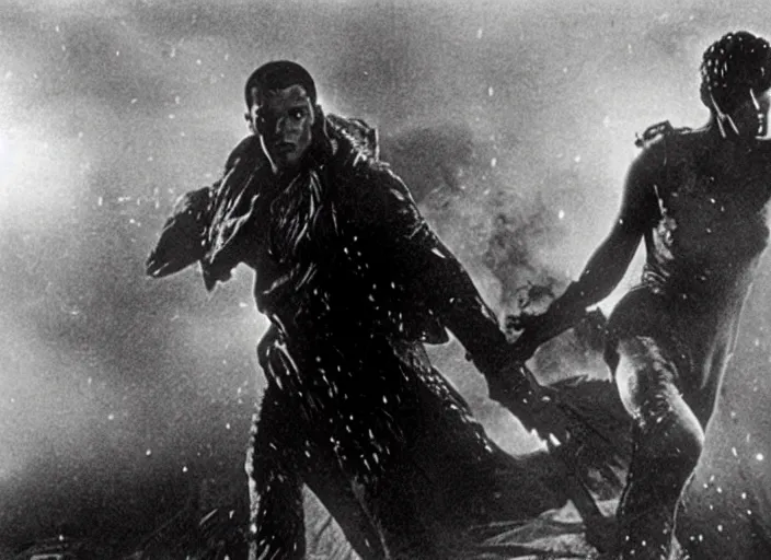 Image similar to action scene from the 1912 science fiction film Blade Runner