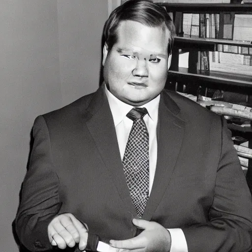 Image similar to Andy Richter wearing a brown suit and necktie on his knees and clinging desperately to a stick with a pleading look on his face.