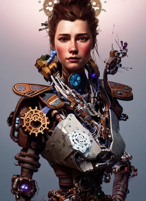 Prompt: portrait of peacermaker, robot steampunk, floral! horizon zero dawn machine, intricate, elegant, highly detailed, ray tracing, digital painting, artstation, concept art, smooth, sharp focus, illustration, art by artgerm and greg rutkowski and alphonse mucha, 8 k
