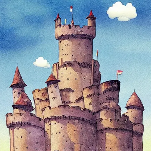 Image similar to laputa castle in the sky hayao miyazaki flying high in the sky, watercolor illustration for a book