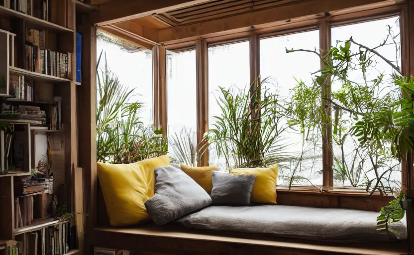 Image similar to interior desing magazine photo of a big window with a wooden frame to sit on, some sandy yellow pillows, there are books and plants on a integrated shelf, great architecture, ambient light, 8k