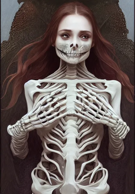 Prompt: skeleton sansa in skeleton deaths, intricate, elegant, highly detailed, digital painting, artstation, concept art, smooth, sharp focus, illustration, art by artgerm and greg rutkowski and alphonse mucha and william - adolphe bouguereau