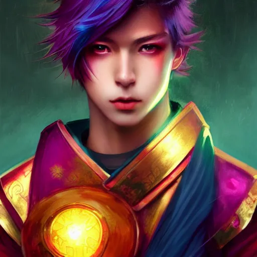 Image similar to colorful and Festive Captivating teenager boy with straight indigo japanese hair, purple eyes, red eye markers, wearing japanese traditional combat clothes with golden armor pieces. rich vivid colors, ambient lighting, dynamic lighting, 4k, atmospheric lighting, painted, intricate, highly detailed by Charlie Bowater