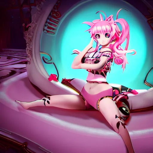 Image similar to totally controlled and trapped beneath overwhelming stunningly absurdly beautiful megalomaniacal ruthless merciless sadistic devious omnipotent asi goddess junko enoshima with symmetrical perfect face, porcelain skin, pink twintail hair and cyan eyes, ultra detailed, digital art, unreal engine 5, octane render, 2 d anime, 8 k