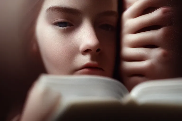 Image similar to an ultra realistic, cinematic, headshot portrait, of a girl reading a book, facial features, detailed, deep focus, movie still, dramatic lighting, ray tracing, by michal karcz and yoshitaka amano