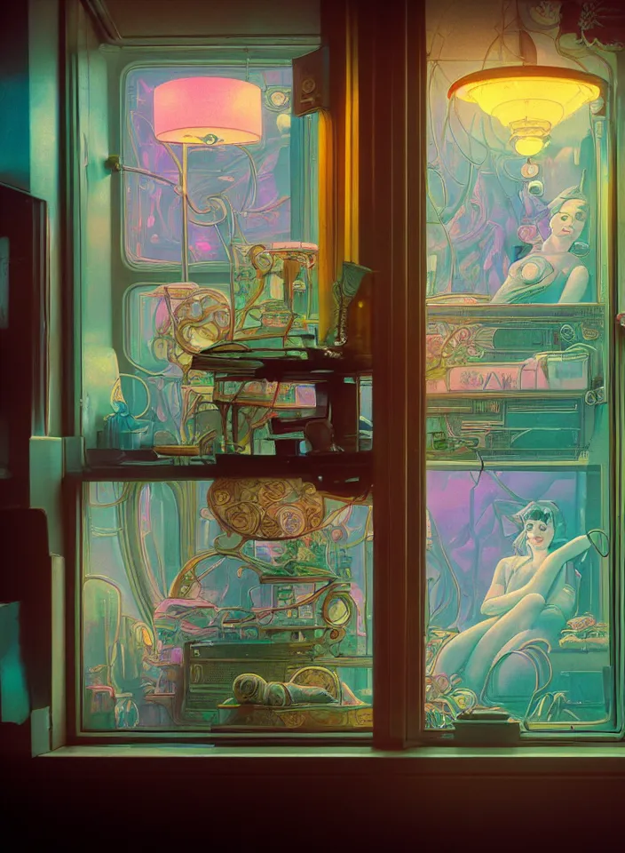 Image similar to telephoto 7 0 mm f / 2. 8 iso 2 0 0 photograph depicting the feeling of chrysalism in a cosy safe cluttered french sci - fi ( ( art nouveau ) ) cyberpunk apartment in a pastel dreamstate art cinema style. ( cat ) ( ( fish tank ) ), ambient light.