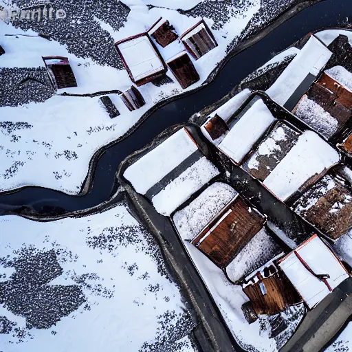 Image similar to abandoned mine and crates full of supplies buried in snow::2 snowy region on coast of Iceland, aerial drone perspective, top down view ::1 sattelite image of snow from 250 meters height, some coal boxes and barrels are covered in snow, old mine remains :: 1 post apocalyptic, snowstorm ::5